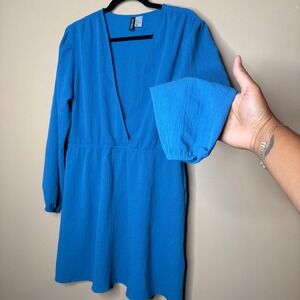 H&M Divided Women's Blue V Neck Long  Ballon Sleeve Dress‎ Sz Large
